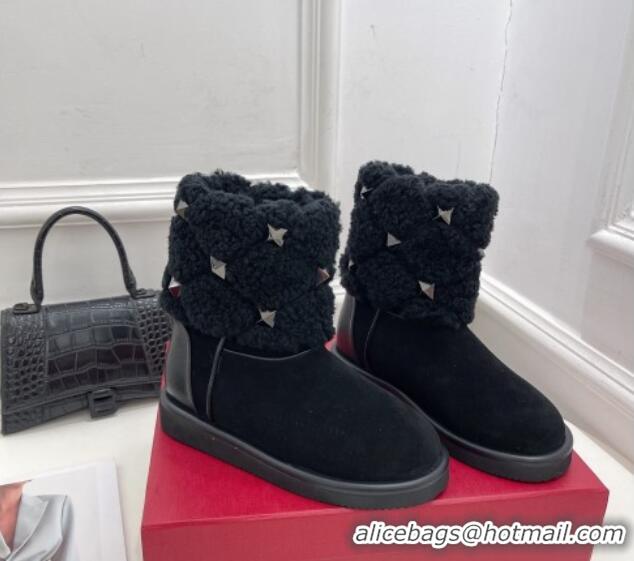 Popular Style Valentino Roman Stud Quilted Ankle Boots in Slit Suede and Wool Black 110311