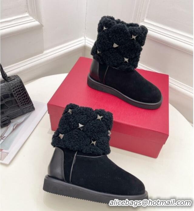 Popular Style Valentino Roman Stud Quilted Ankle Boots in Slit Suede and Wool Black 110311