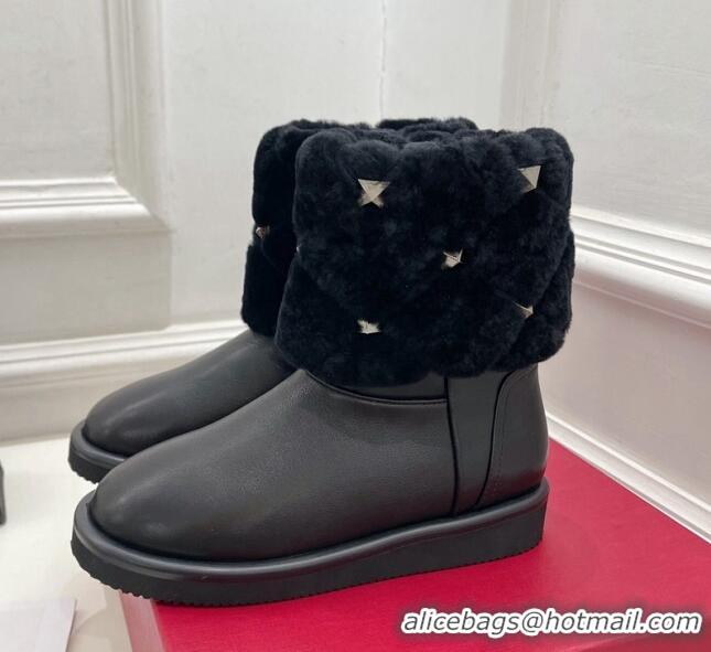 Good Quality Valentino Roman Stud Quilted Ankle Boots in Slit Leather and Wool Black 110313