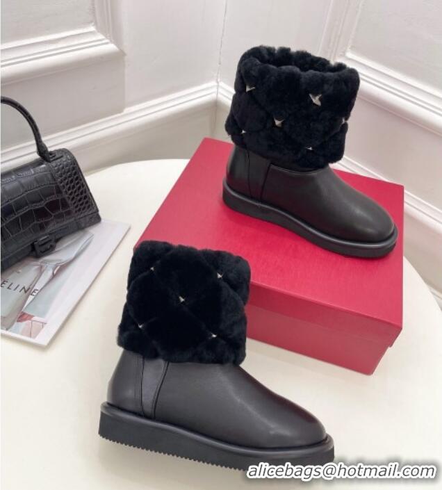 Good Quality Valentino Roman Stud Quilted Ankle Boots in Slit Leather and Wool Black 110313