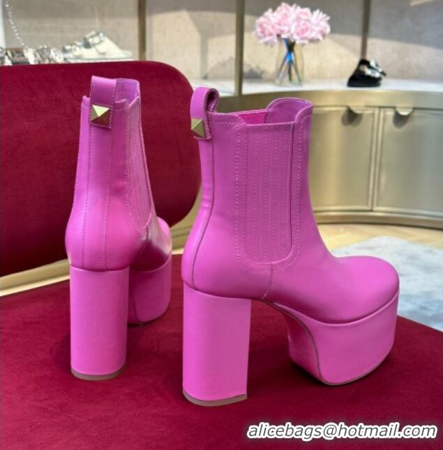 Pretty Style Valentino Club Platform Ankle Boots 10cm in Calfskin Leather Dark Pink 2110316