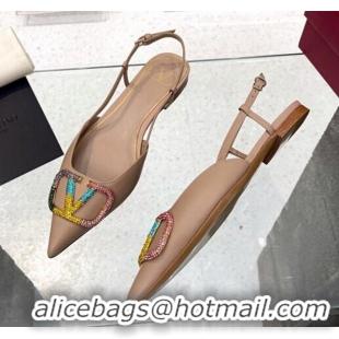 Perfect Valentino VLogo Signature Calfskin Slingback Flat Ballerina with Multicolor Crystal Nude 2113066