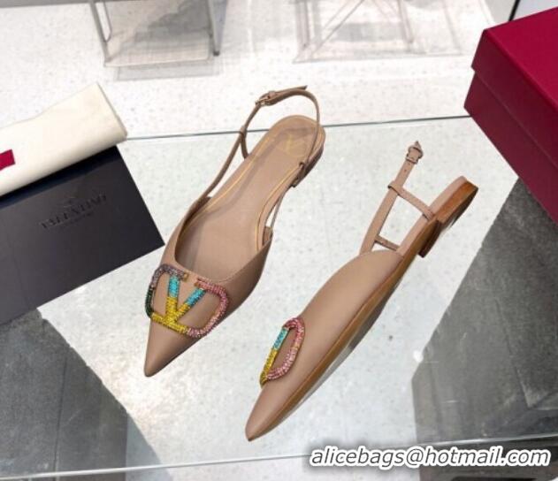 Perfect Valentino VLogo Signature Calfskin Slingback Flat Ballerina with Multicolor Crystal Nude 2113066