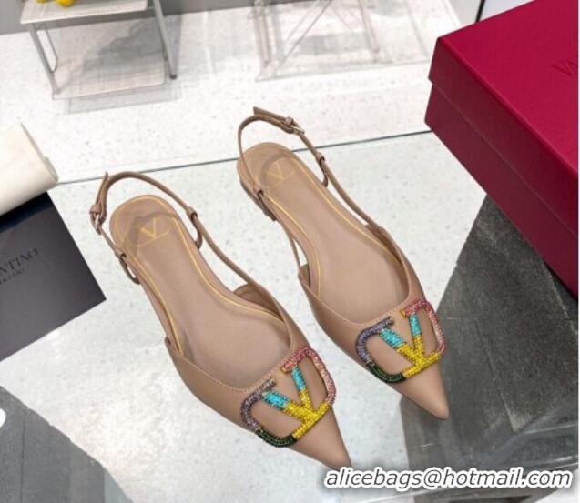 Perfect Valentino VLogo Signature Calfskin Slingback Flat Ballerina with Multicolor Crystal Nude 2113066