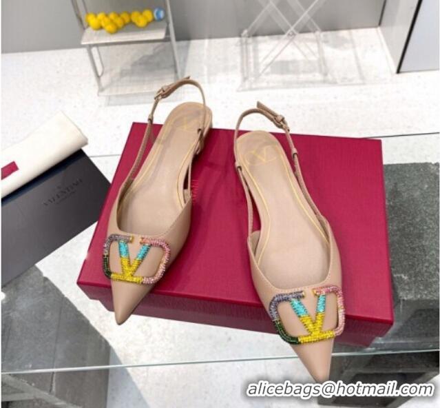 Perfect Valentino VLogo Signature Calfskin Slingback Flat Ballerina with Multicolor Crystal Nude 2113066