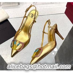 Low Price Valentino VLogo Signature Calfskin Slingback Pump with Multicolor Crystal 8cm Heel Gold 103067