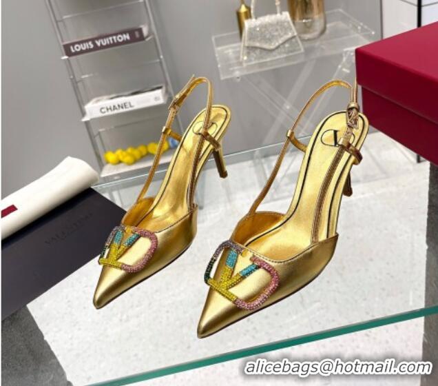 Low Price Valentino VLogo Signature Calfskin Slingback Pump with Multicolor Crystal 8cm Heel Gold 103067