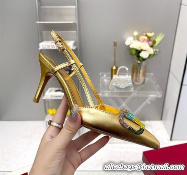 Low Price Valentino VLogo Signature Calfskin Slingback Pump with Multicolor Crystal 8cm Heel Gold 103067