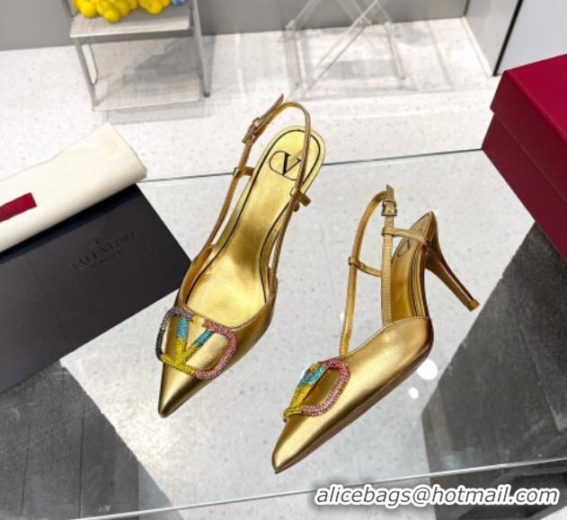 Low Price Valentino VLogo Signature Calfskin Slingback Pump with Multicolor Crystal 8cm Heel Gold 103067