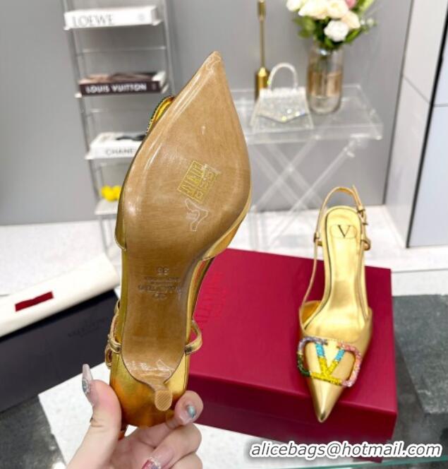 Low Price Valentino VLogo Signature Calfskin Slingback Pump with Multicolor Crystal 8cm Heel Gold 103067