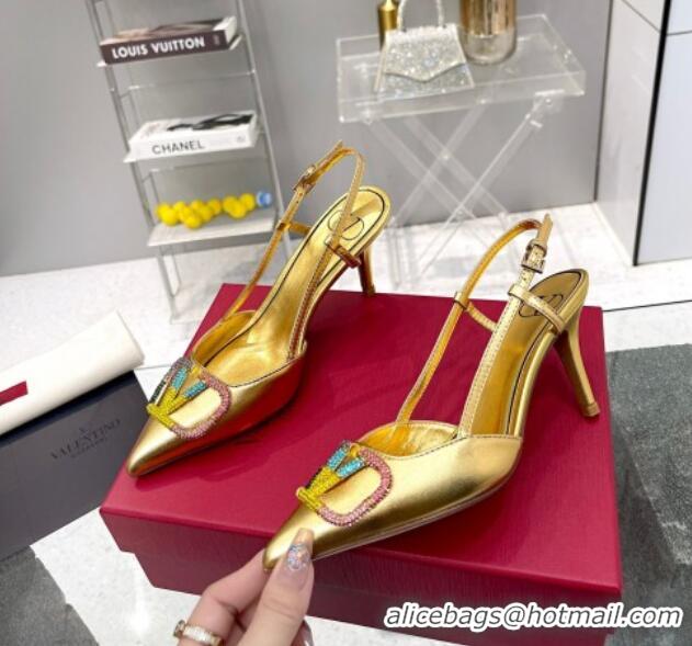 Low Price Valentino VLogo Signature Calfskin Slingback Pump with Multicolor Crystal 8cm Heel Gold 103067