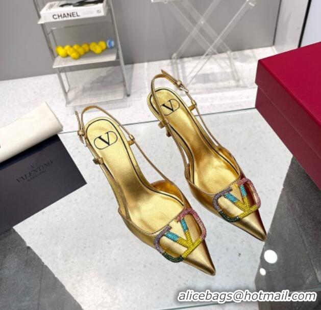 Low Price Valentino VLogo Signature Calfskin Slingback Pump with Multicolor Crystal 8cm Heel Gold 103067