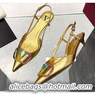 Good Looking Valentino VLogo Signature Calfskin Slingback Pump with Multicolor Crystal 4cm Heel Gold 103068