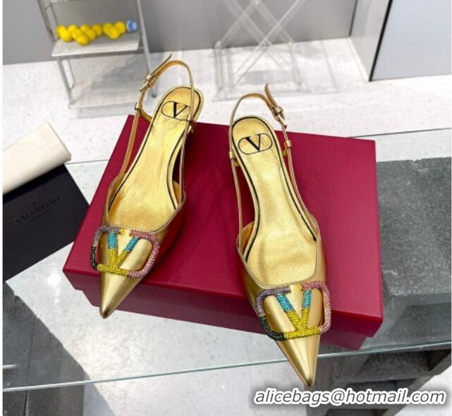 Good Looking Valentino VLogo Signature Calfskin Slingback Pump with Multicolor Crystal 4cm Heel Gold 103068