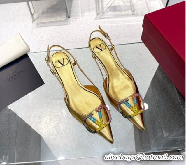 Good Looking Valentino VLogo Signature Calfskin Slingback Pump with Multicolor Crystal 4cm Heel Gold 103068