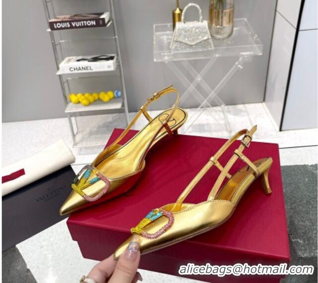 Good Looking Valentino VLogo Signature Calfskin Slingback Pump with Multicolor Crystal 4cm Heel Gold 103068