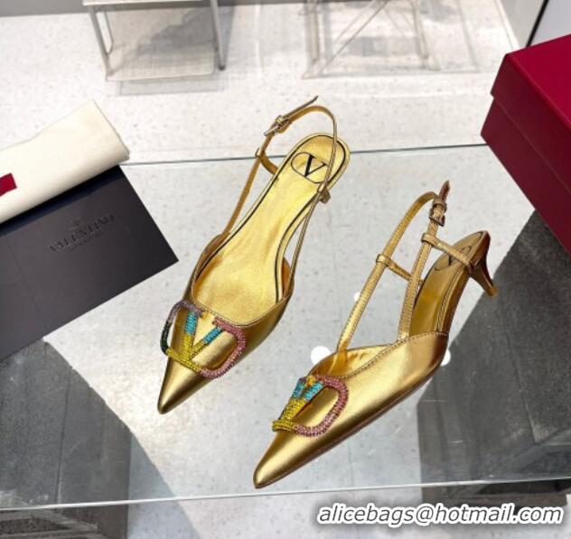 Good Looking Valentino VLogo Signature Calfskin Slingback Pump with Multicolor Crystal 4cm Heel Gold 103068