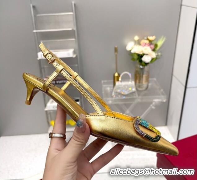 Good Looking Valentino VLogo Signature Calfskin Slingback Pump with Multicolor Crystal 4cm Heel Gold 103068