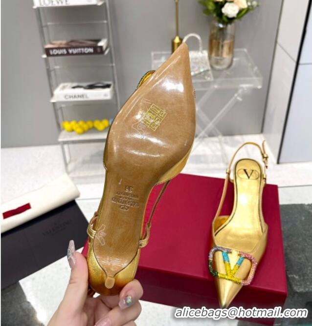 Good Looking Valentino VLogo Signature Calfskin Slingback Pump with Multicolor Crystal 4cm Heel Gold 103068