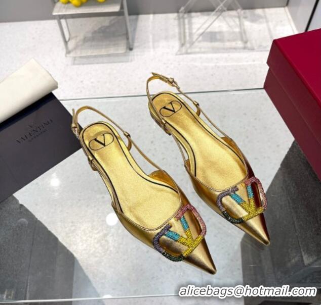 Cheap Price Valentino VLogo Signature Calfskin Slingback Flat Ballerina with Multicolor Crystal Gold 103069