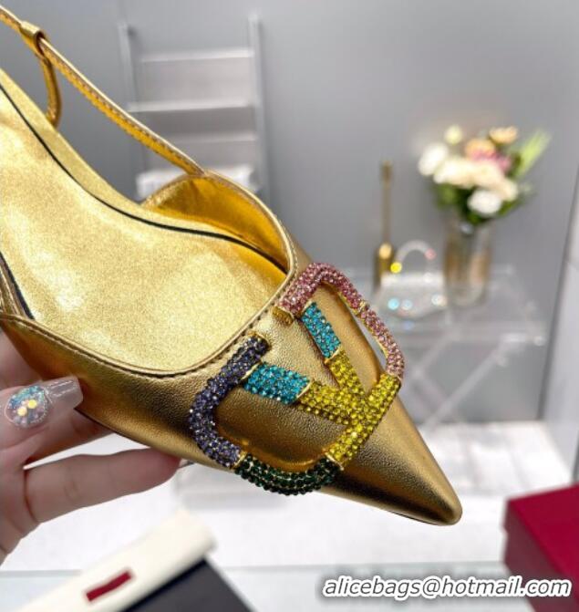 Cheap Price Valentino VLogo Signature Calfskin Slingback Flat Ballerina with Multicolor Crystal Gold 103069