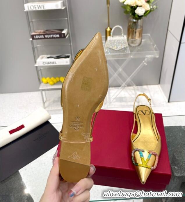 Cheap Price Valentino VLogo Signature Calfskin Slingback Flat Ballerina with Multicolor Crystal Gold 103069