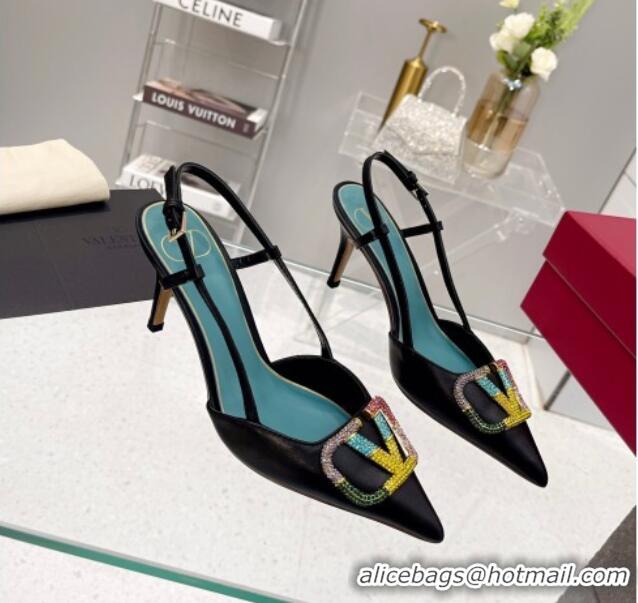 Good Product Valentino VLogo Signature Calfskin Slingback Pump with Multicolor Crystal 8cm Heel Black 1103071