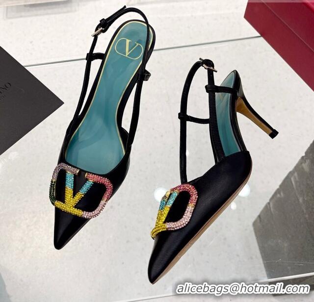 Good Product Valentino VLogo Signature Calfskin Slingback Pump with Multicolor Crystal 8cm Heel Black 1103071