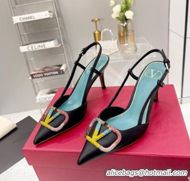 Good Product Valentino VLogo Signature Calfskin Slingback Pump with Multicolor Crystal 8cm Heel Black 1103071