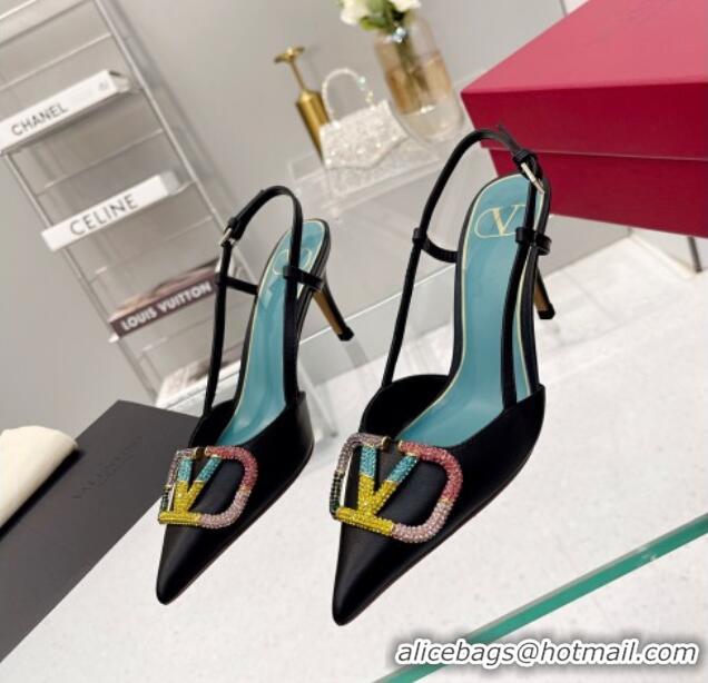 Good Product Valentino VLogo Signature Calfskin Slingback Pump with Multicolor Crystal 8cm Heel Black 1103071