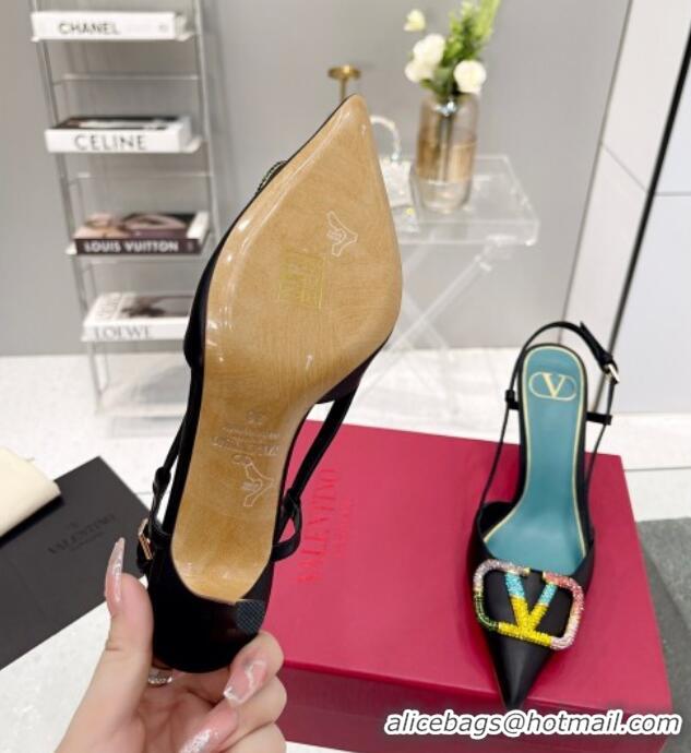 Good Product Valentino VLogo Signature Calfskin Slingback Pump with Multicolor Crystal 8cm Heel Black 1103071