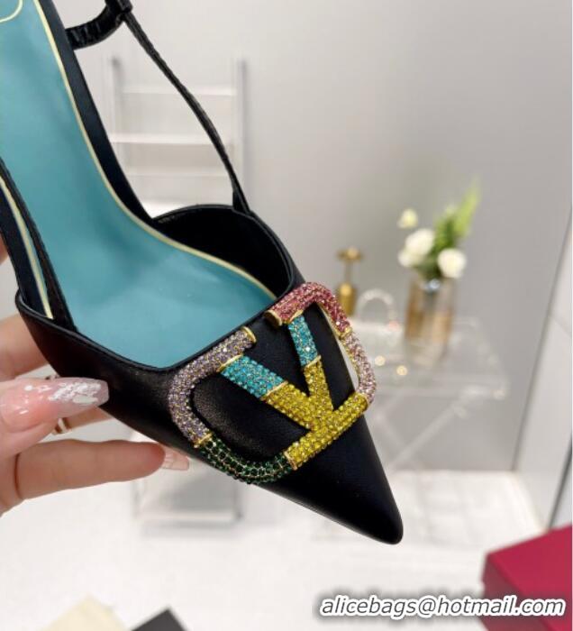 Good Product Valentino VLogo Signature Calfskin Slingback Pump with Multicolor Crystal 8cm Heel Black 1103071