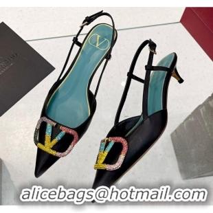 Best Grade Valentino VLogo Signature Calfskin Slingback Pump with Multicolor Crystal 4cm Heel Black 1103070