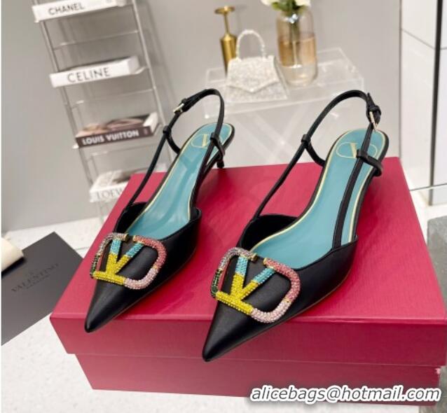 Best Grade Valentino VLogo Signature Calfskin Slingback Pump with Multicolor Crystal 4cm Heel Black 1103070