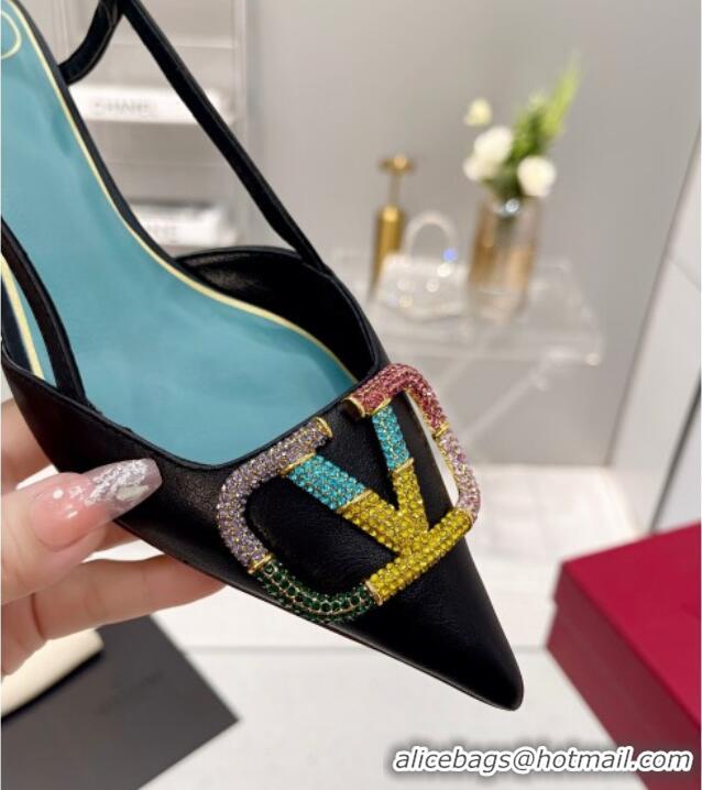 Best Grade Valentino VLogo Signature Calfskin Slingback Pump with Multicolor Crystal 4cm Heel Black 1103070