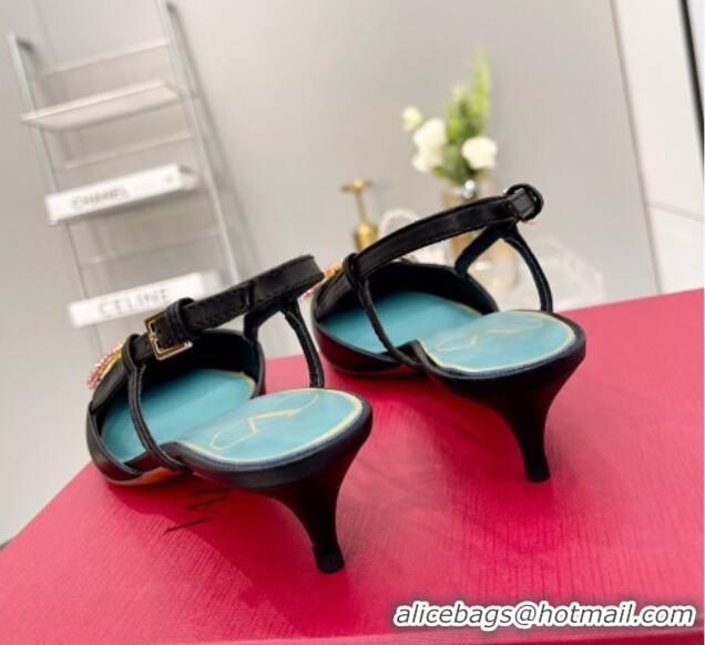 Best Grade Valentino VLogo Signature Calfskin Slingback Pump with Multicolor Crystal 4cm Heel Black 1103070