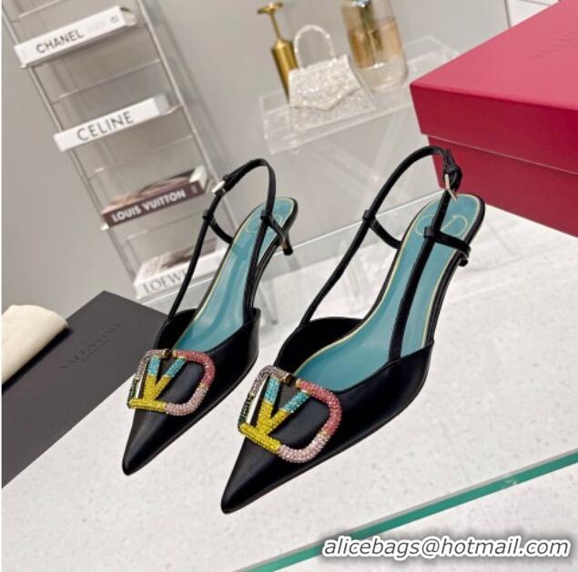 Best Grade Valentino VLogo Signature Calfskin Slingback Pump with Multicolor Crystal 4cm Heel Black 1103070