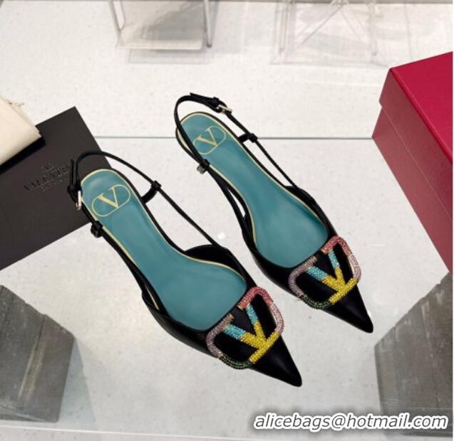 Best Grade Valentino VLogo Signature Calfskin Slingback Pump with Multicolor Crystal 4cm Heel Black 1103070