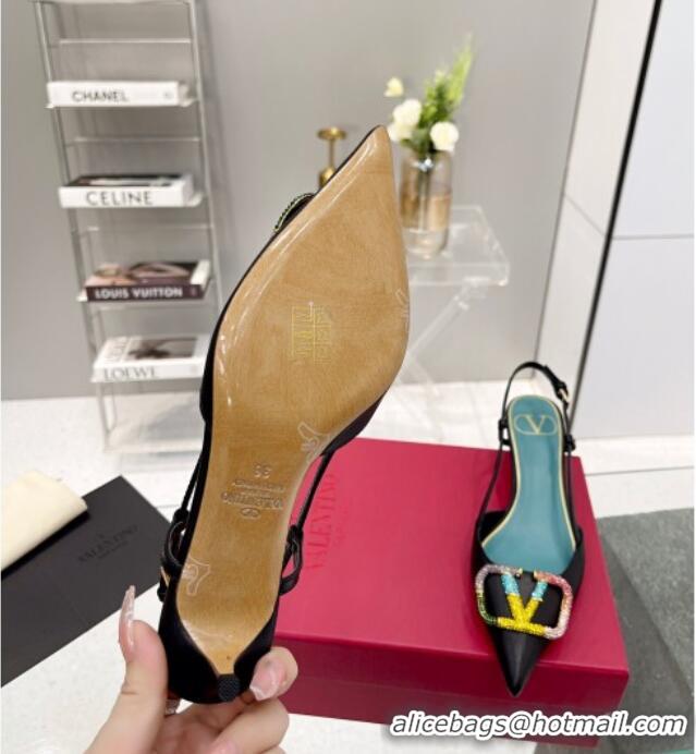 Best Grade Valentino VLogo Signature Calfskin Slingback Pump with Multicolor Crystal 4cm Heel Black 1103070