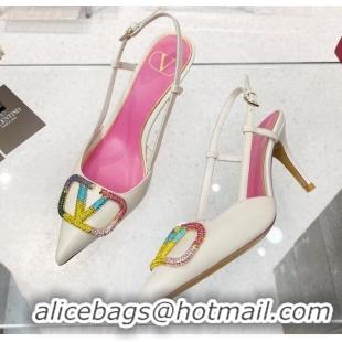 Durable Valentino VLogo Signature Calfskin Slingback Pump with Multicolor Crystal 8cm Heel White 1103074