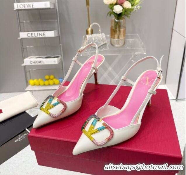 Durable Valentino VLogo Signature Calfskin Slingback Pump with Multicolor Crystal 8cm Heel White 1103074