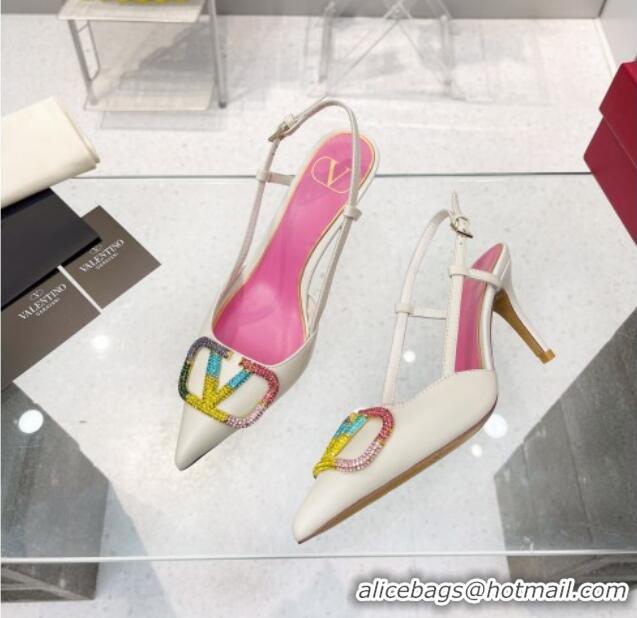 Durable Valentino VLogo Signature Calfskin Slingback Pump with Multicolor Crystal 8cm Heel White 1103074