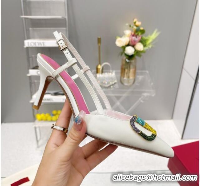 Durable Valentino VLogo Signature Calfskin Slingback Pump with Multicolor Crystal 8cm Heel White 1103074