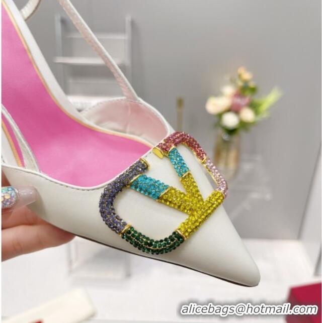 Durable Valentino VLogo Signature Calfskin Slingback Pump with Multicolor Crystal 8cm Heel White 1103074