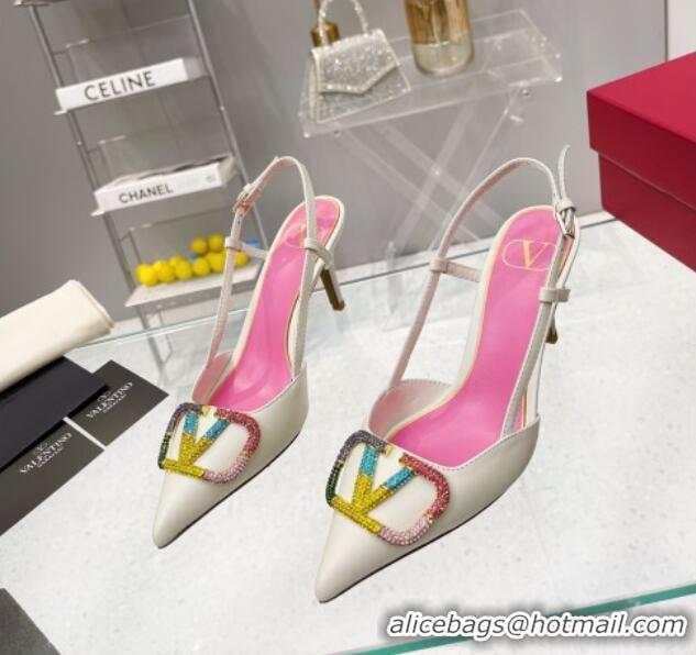 Durable Valentino VLogo Signature Calfskin Slingback Pump with Multicolor Crystal 8cm Heel White 1103074