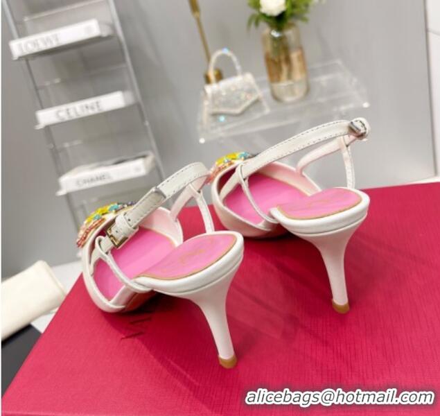 Durable Valentino VLogo Signature Calfskin Slingback Pump with Multicolor Crystal 8cm Heel White 1103074