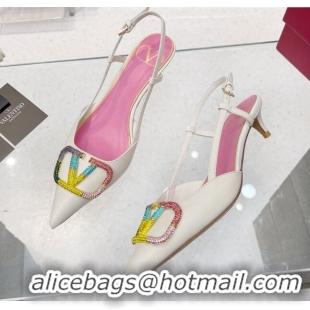 Sumptuous Valentino VLogo Signature Calfskin Slingback Pump with Multicolor Crystal 4cm Heel White 103073