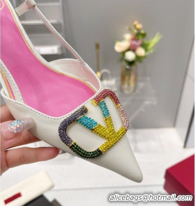 Sumptuous Valentino VLogo Signature Calfskin Slingback Pump with Multicolor Crystal 4cm Heel White 103073