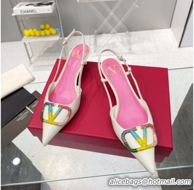 Sumptuous Valentino VLogo Signature Calfskin Slingback Pump with Multicolor Crystal 4cm Heel White 103073