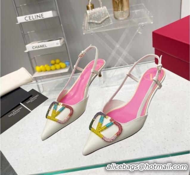 Sumptuous Valentino VLogo Signature Calfskin Slingback Pump with Multicolor Crystal 4cm Heel White 103073